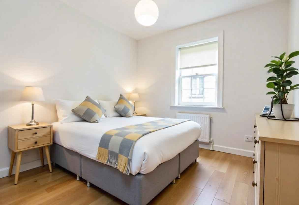 Minimal υπνοδωμάτιο Airbnb με μοντέρνα διακόσμηση και φυσικό φωτισμό, διαχειριζόμενο από το AirbnbCare.gr.