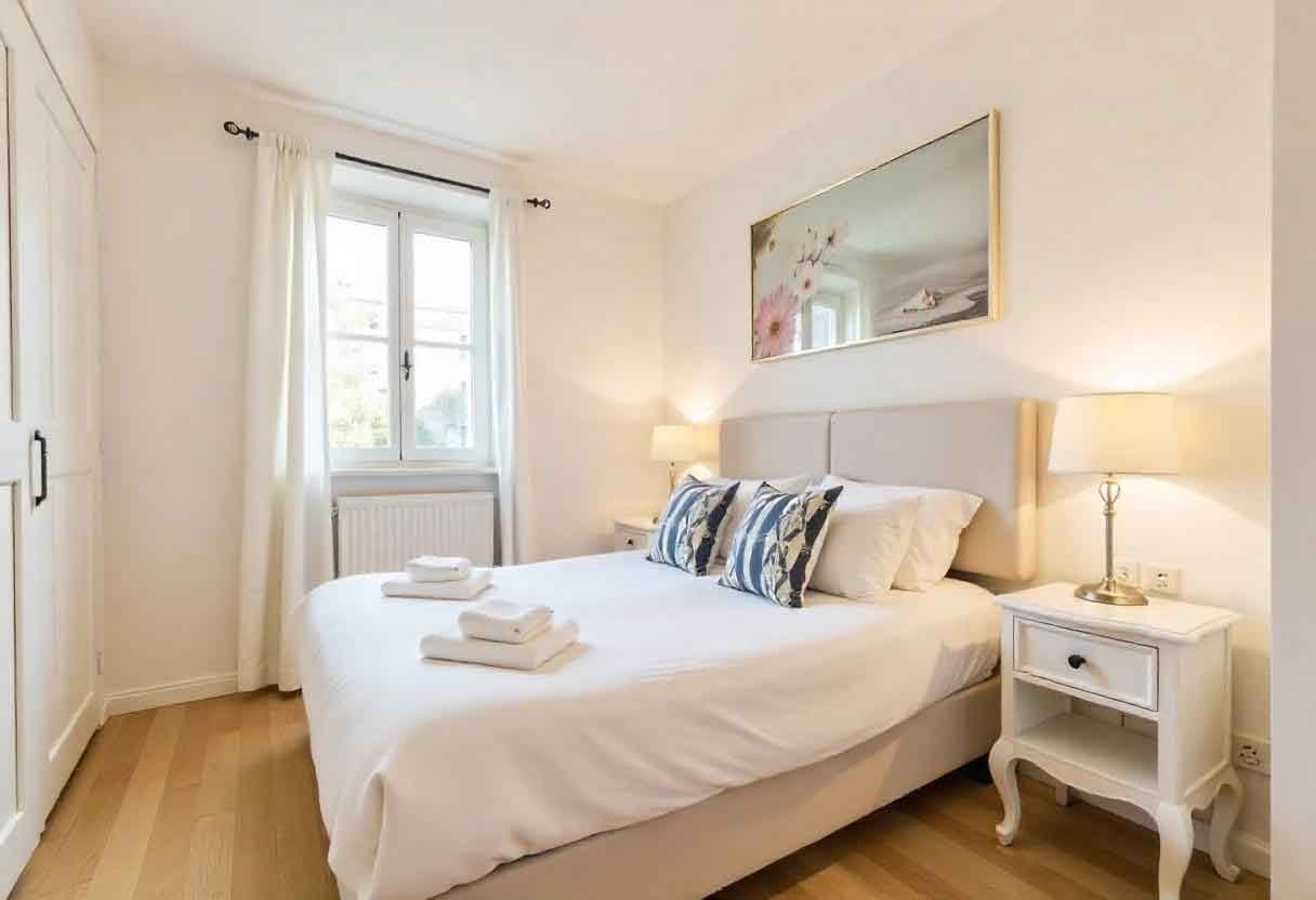 Φωτεινό και minimal υπνοδωμάτιο Airbnb με κομψή διακόσμηση και πολυτελείς λεπτομέρειες, διαχειριζόμενο από το AirbnbCare.gr.